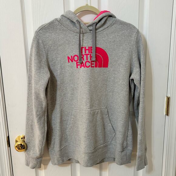 The North Face Tops - The North Face Womens Hoodie Gray Pink Logo Long Sleeve Pullover Sweatshirt Sz L